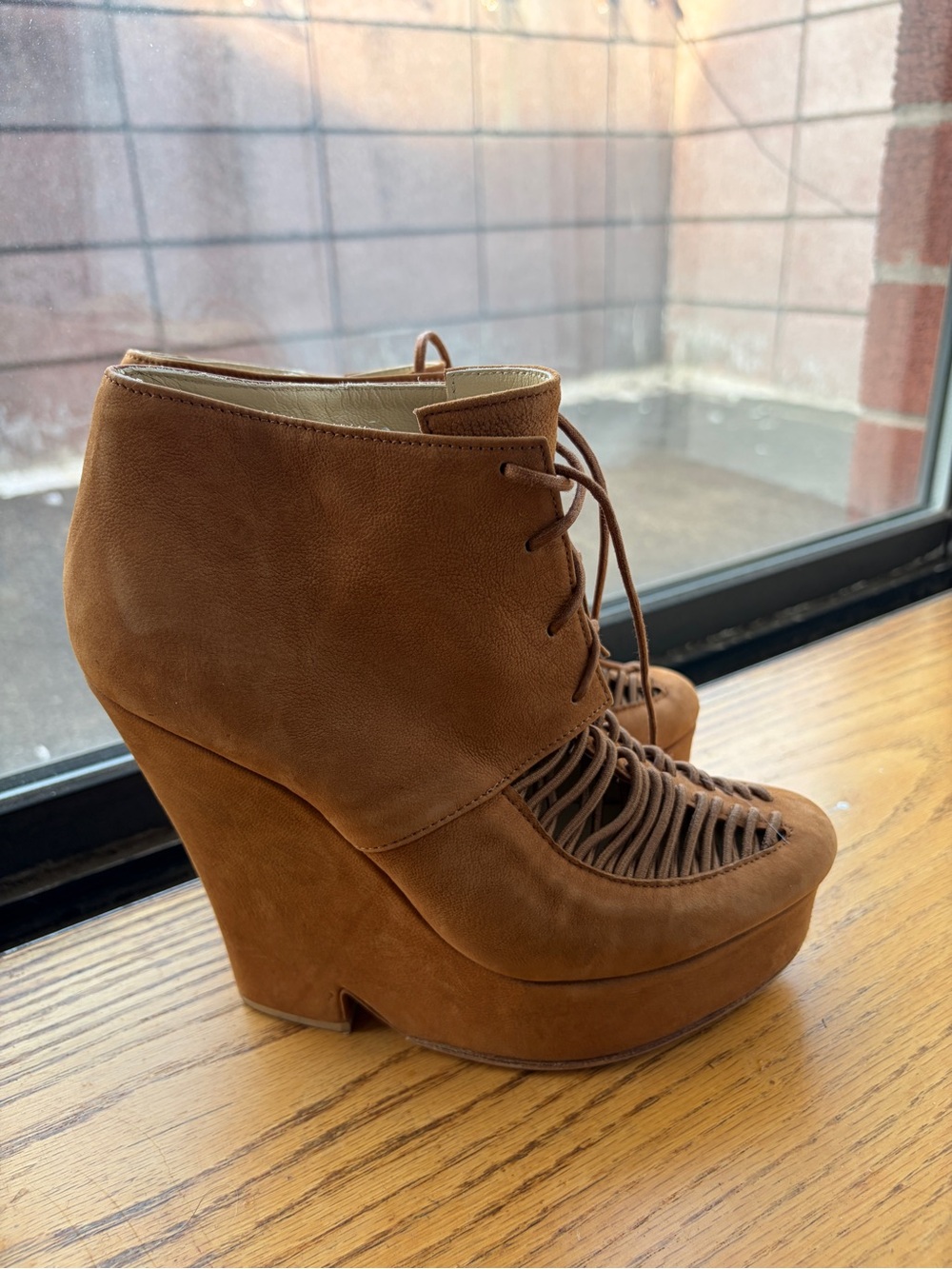 Women's Opening Ceremony Tan Leather Lace-Up Platform Booties